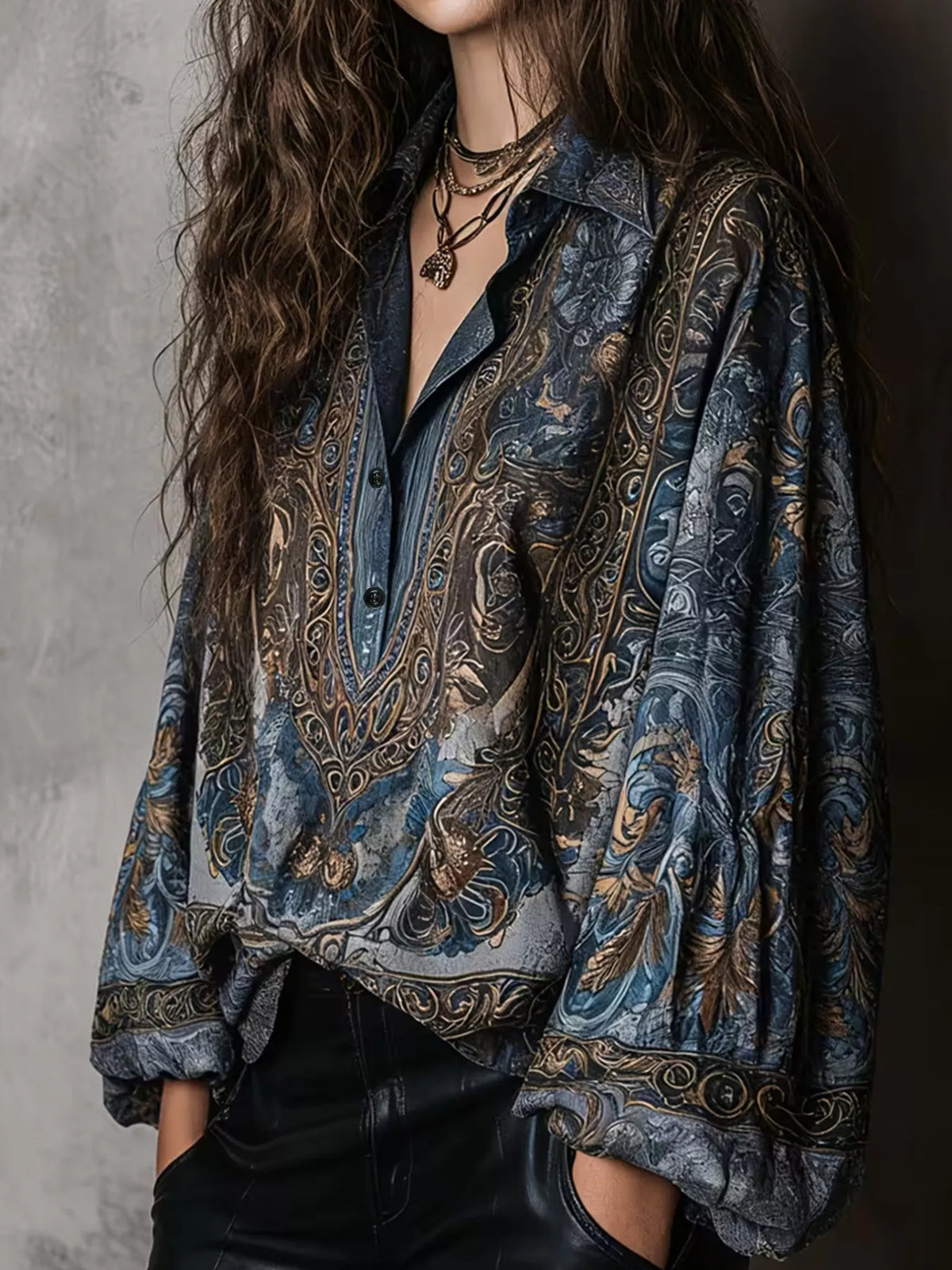 Navy printed blouse, angled front view