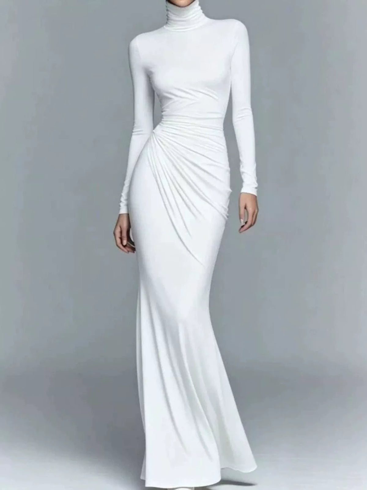 White turtleneck ruched maxi dress