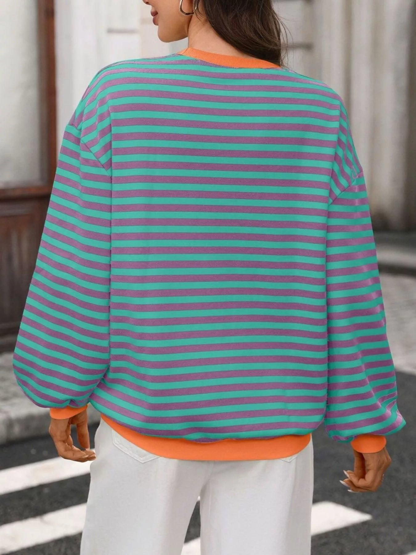 Trendsi Contrast Trim Striped Crew Neck Sweatshirt -
