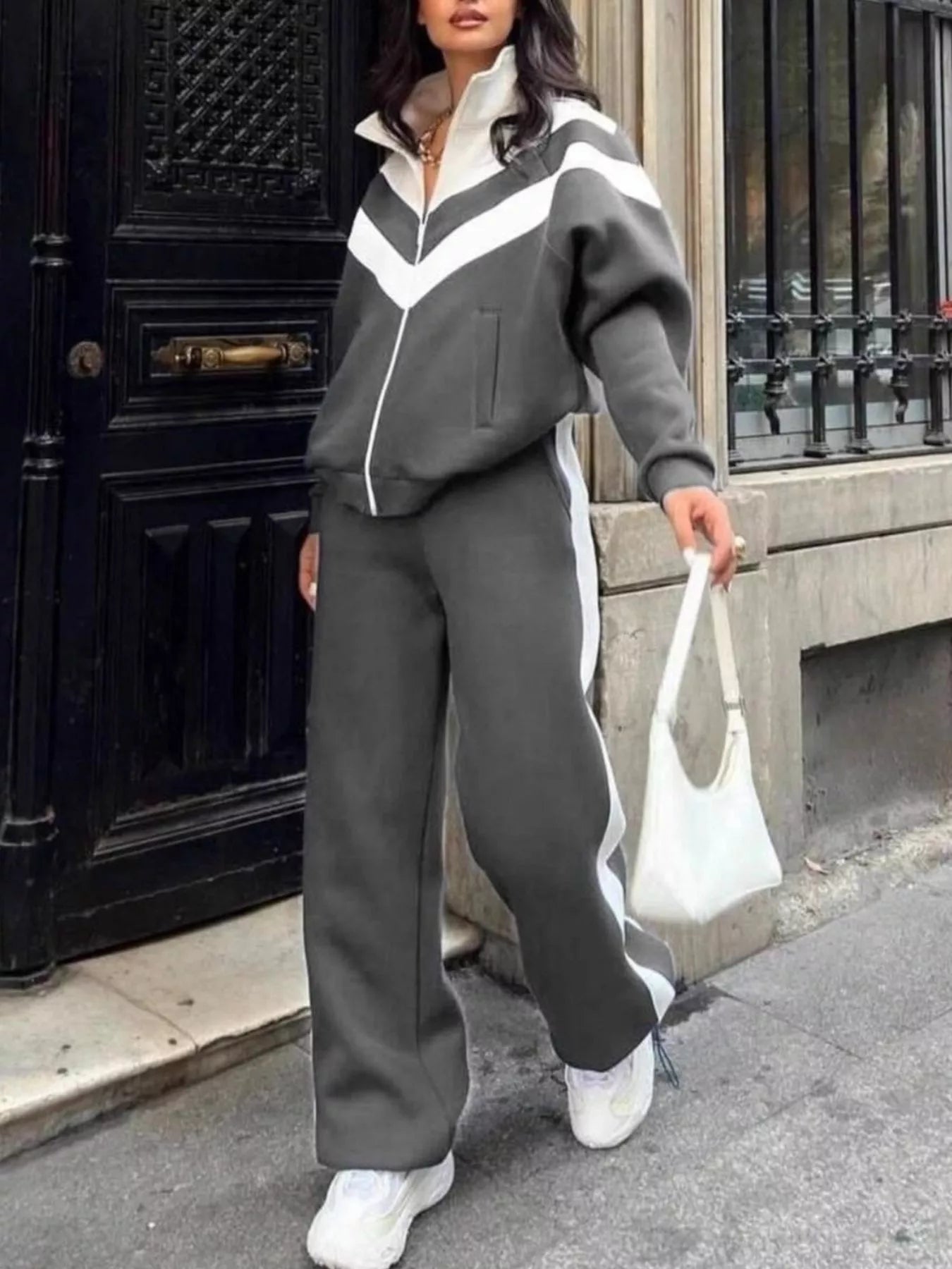 Trendsi Color Block Zip-Up Outerwear and Pants Set -