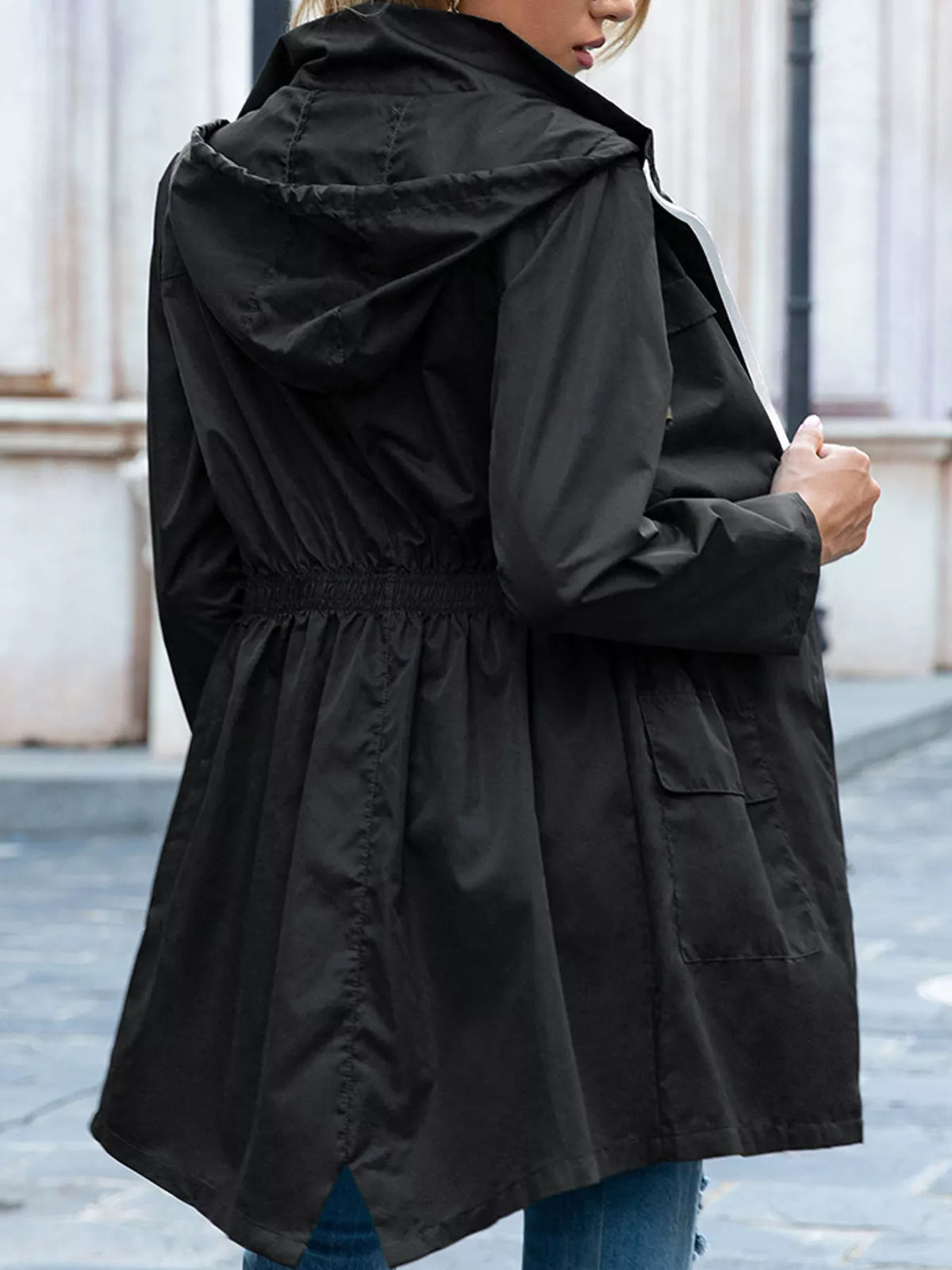 Women's Zip Up Drawstring Waist Hooded Jacket in black — back view