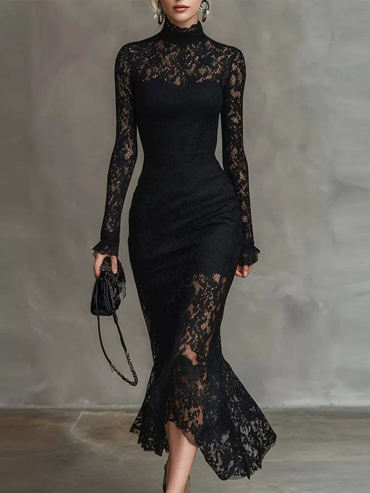 Lace Mock Neck Mermaid Midi Dress, front view