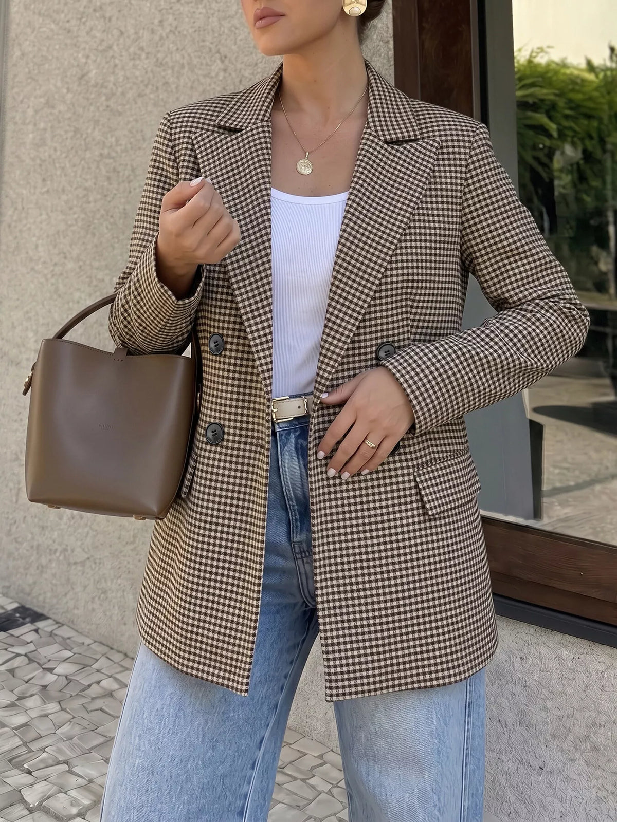 Brown plaid double-breasted blazer, front view