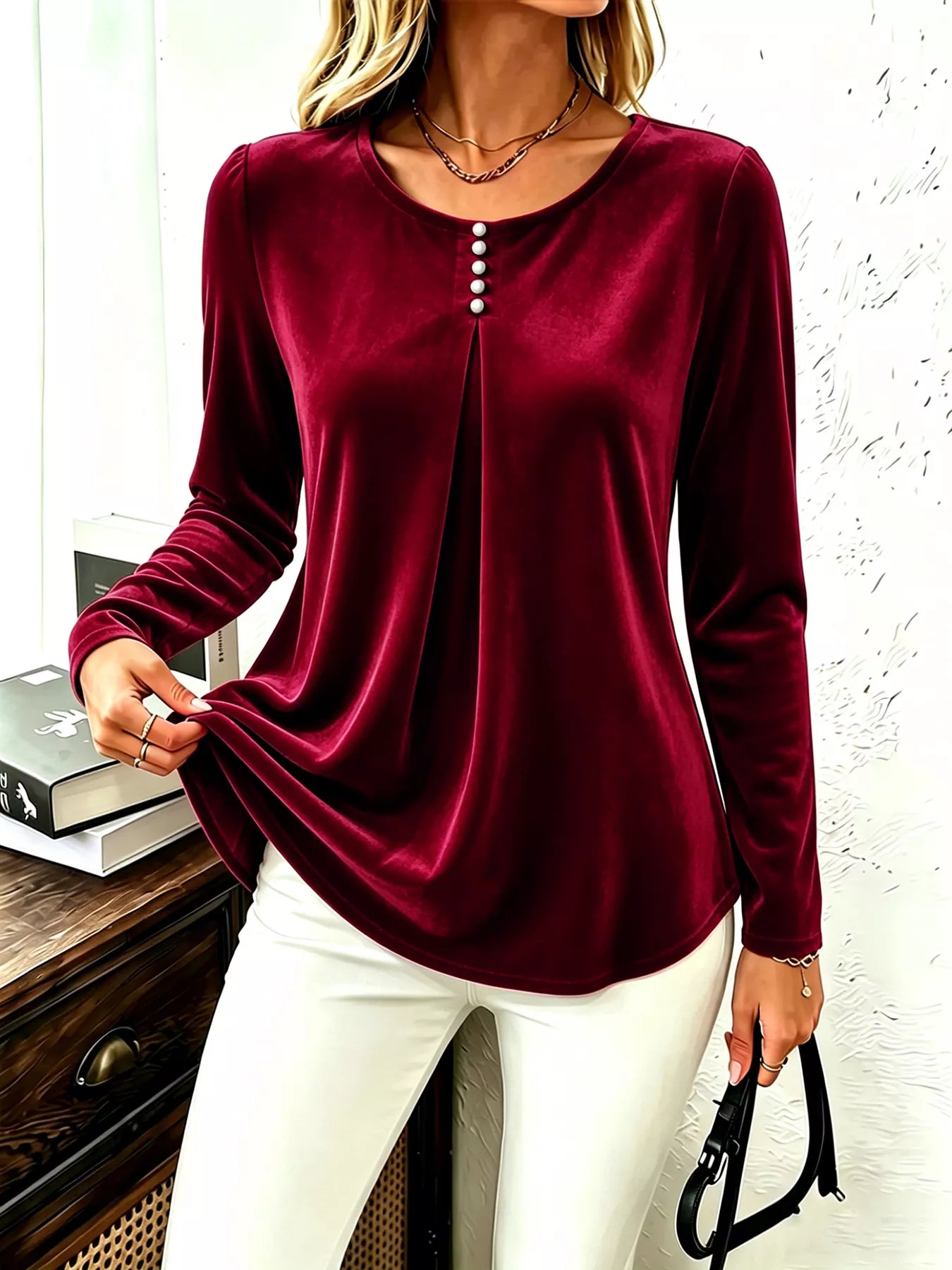 Trendsi Velvet Long Sleeve Ruched Top -