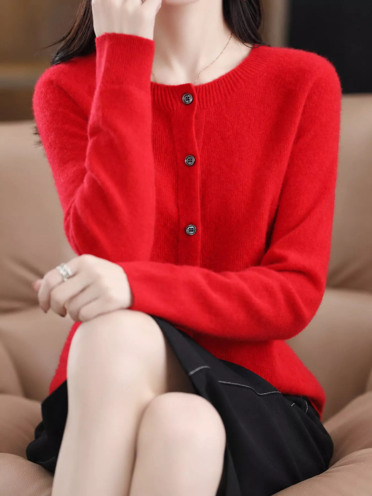 Round neck long sleeve cardigan, front view on model