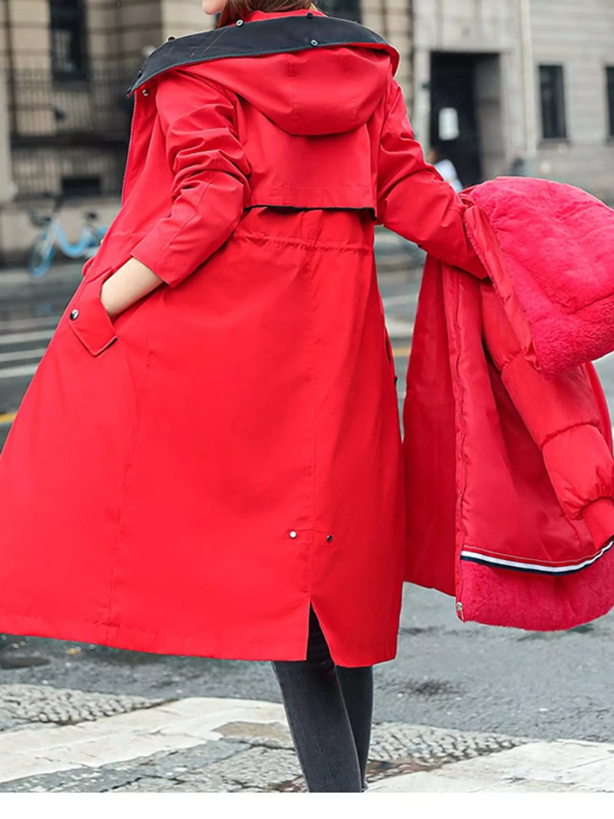 Faux-fur-trim parka, red back without fur trim