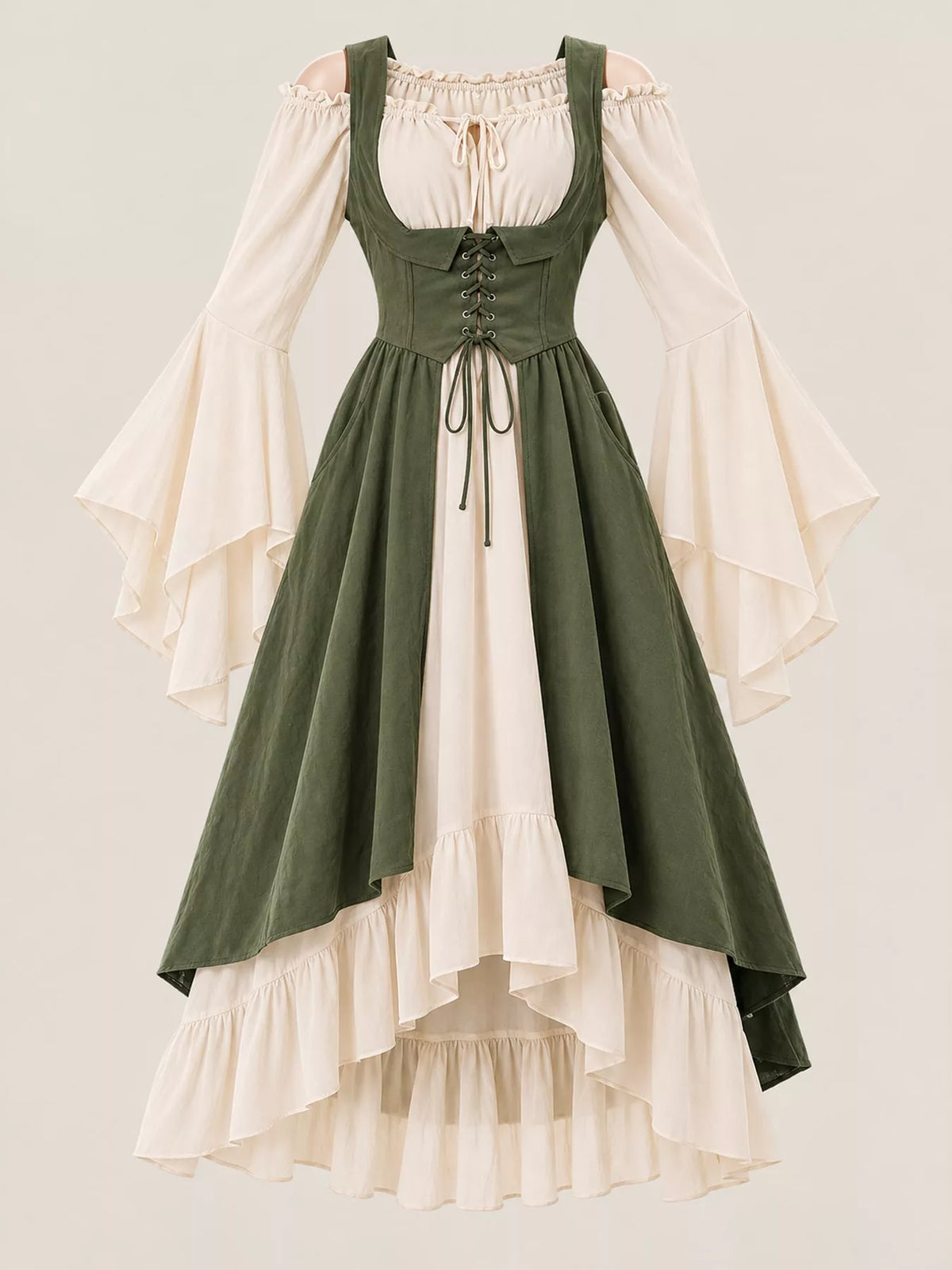 Green corset style lace-up bell sleeve dress — front view