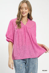 Trendsi Umgee Textured Lace Trim V-Neck Boho Blouse -