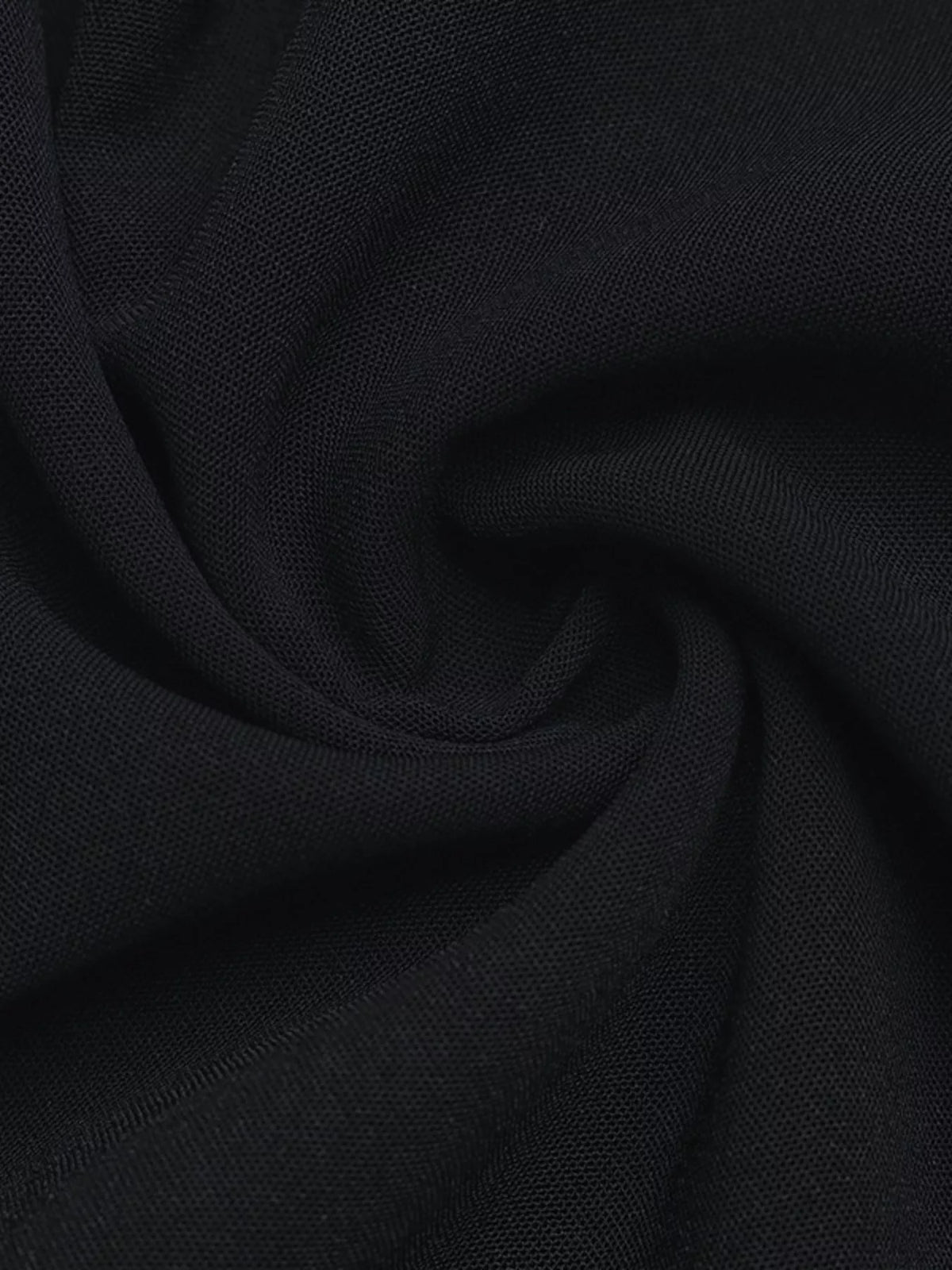 Black flounce sleeve ruched mini shirt dress, fabric close-up