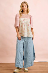 Trendsi BiBi Crinkle Floral Gauze Mix And Matched Blouse Top -