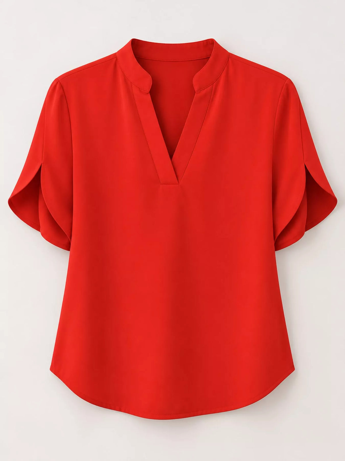 Women's Notched Slit Short Sleeve Blouse in red — flat lay view