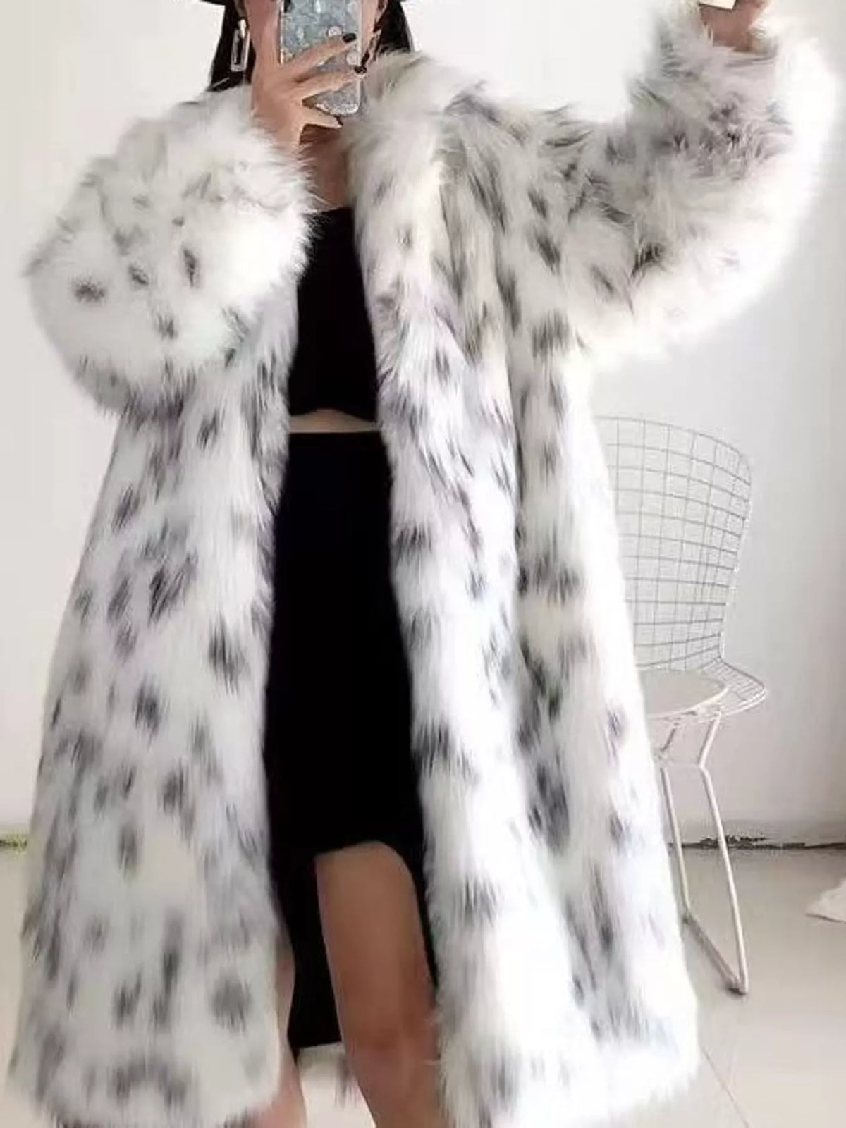 Faux Fur Longline Coat in white and black