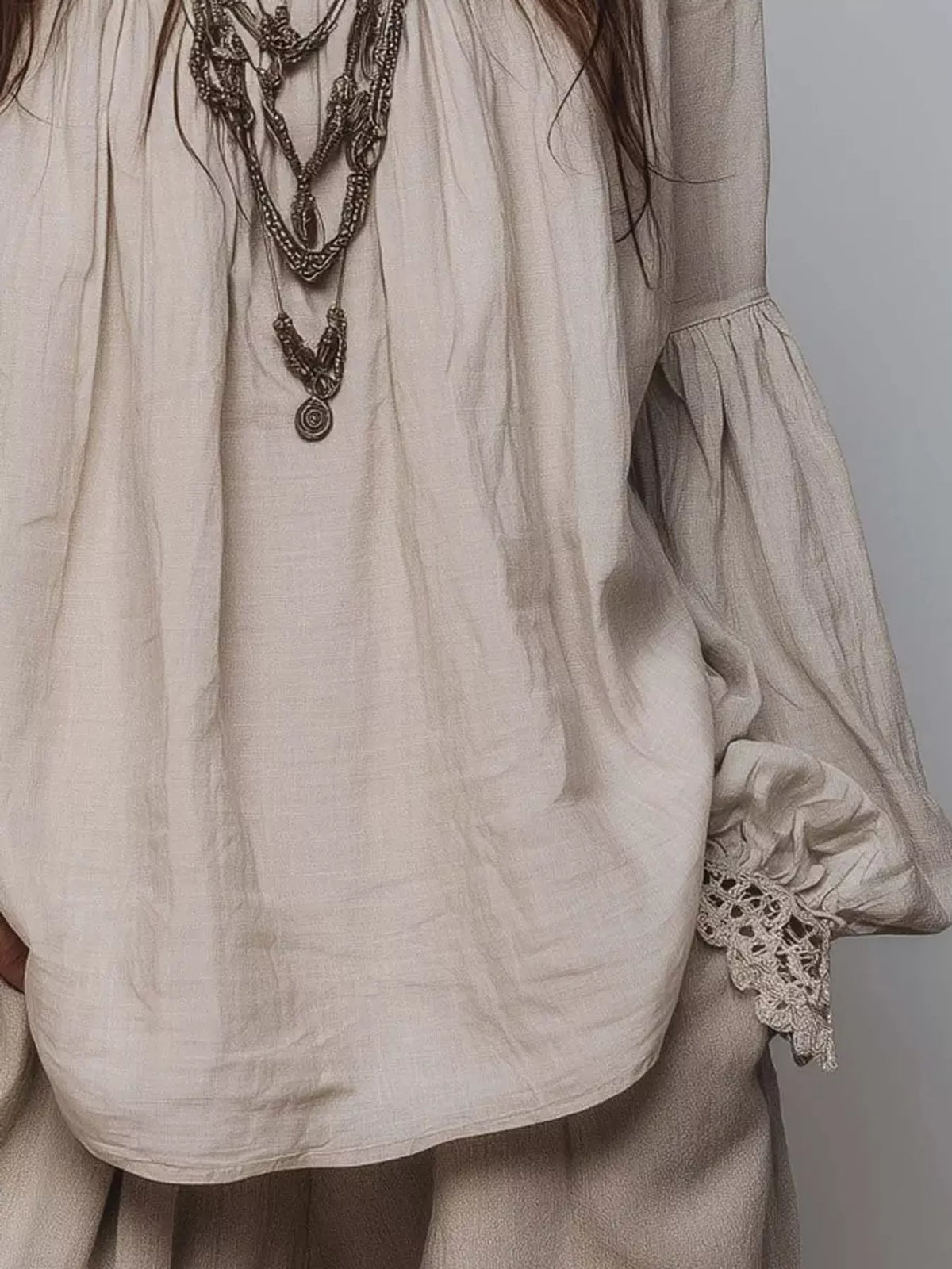 Oatmeal lace mock neck long sleeve blouse, detail view