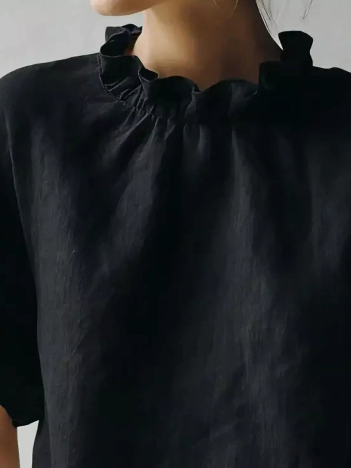 Black Ruffle-Neck Short Sleeve Blouse, neckline detail