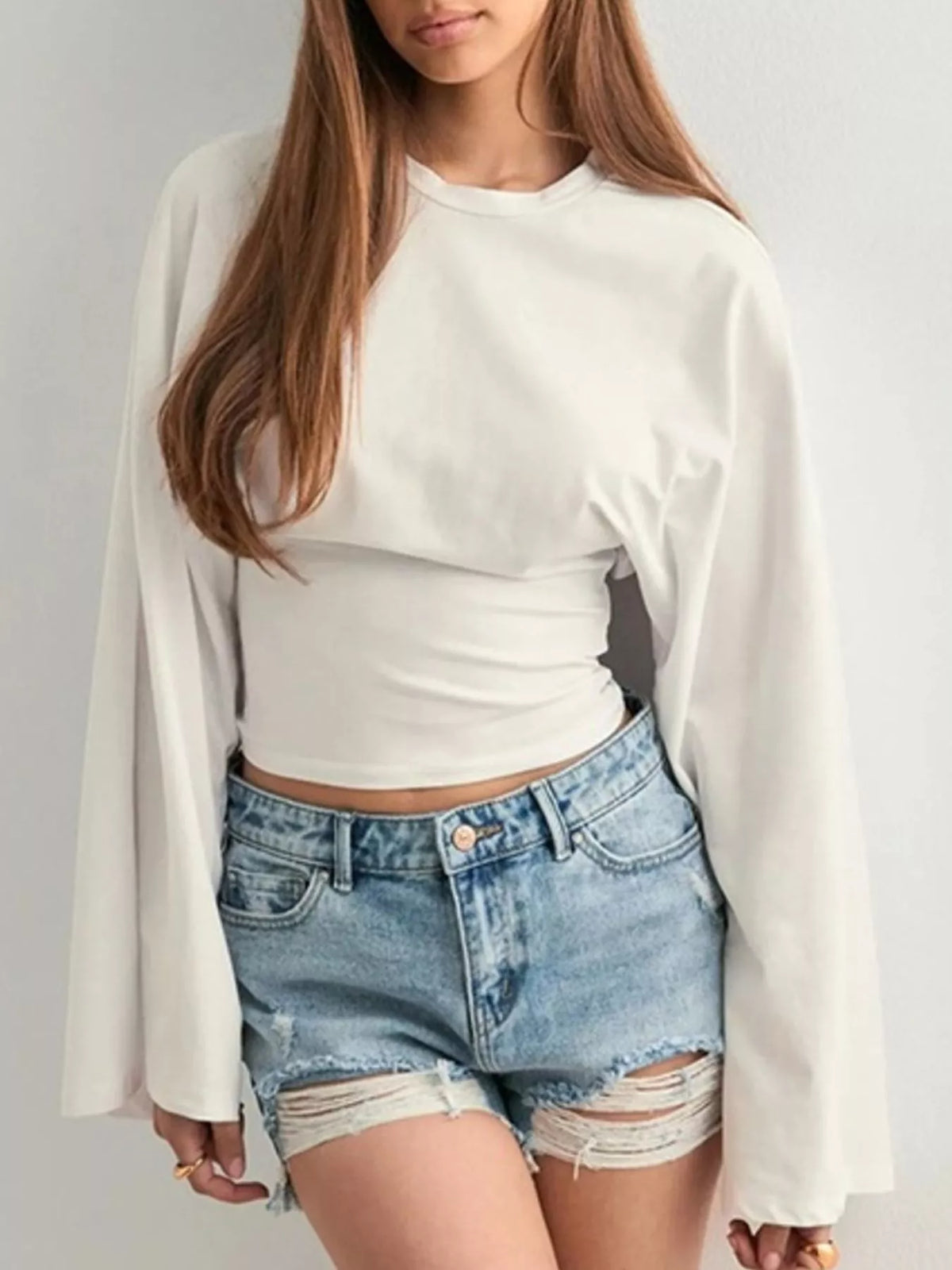 White Solid Long Sleeve Crew Neck Stretch T-Shirt front view with flared sleeves