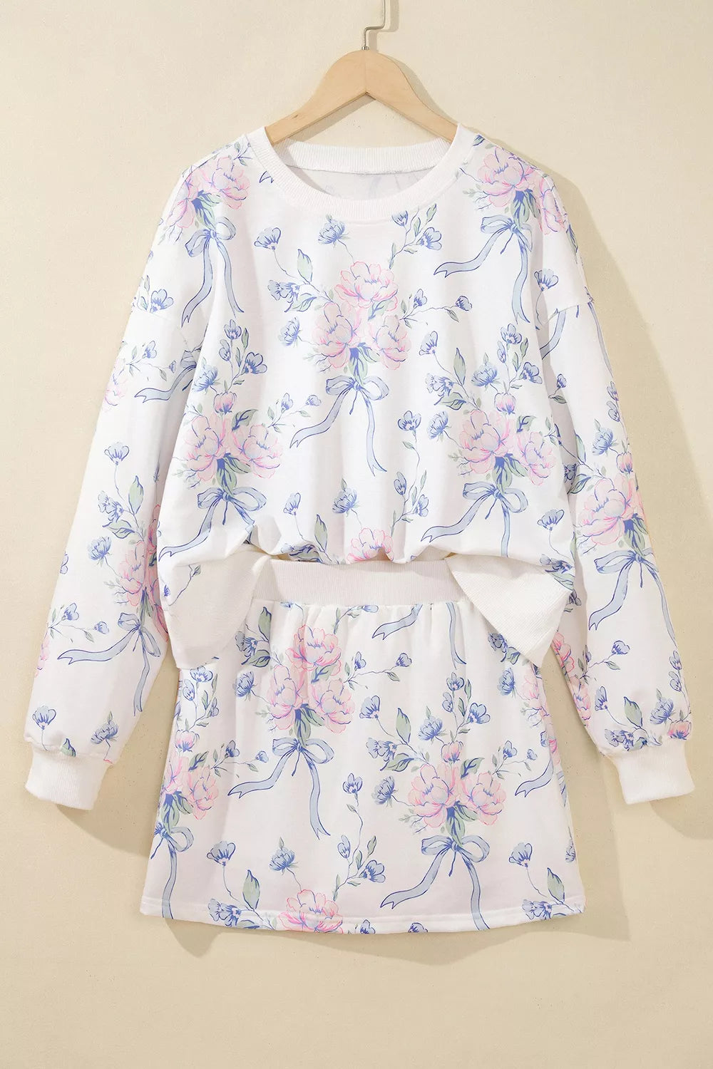 Trendsi Floral Print Long Sleeve Top Elastic Waist Skort Two Piece Set -