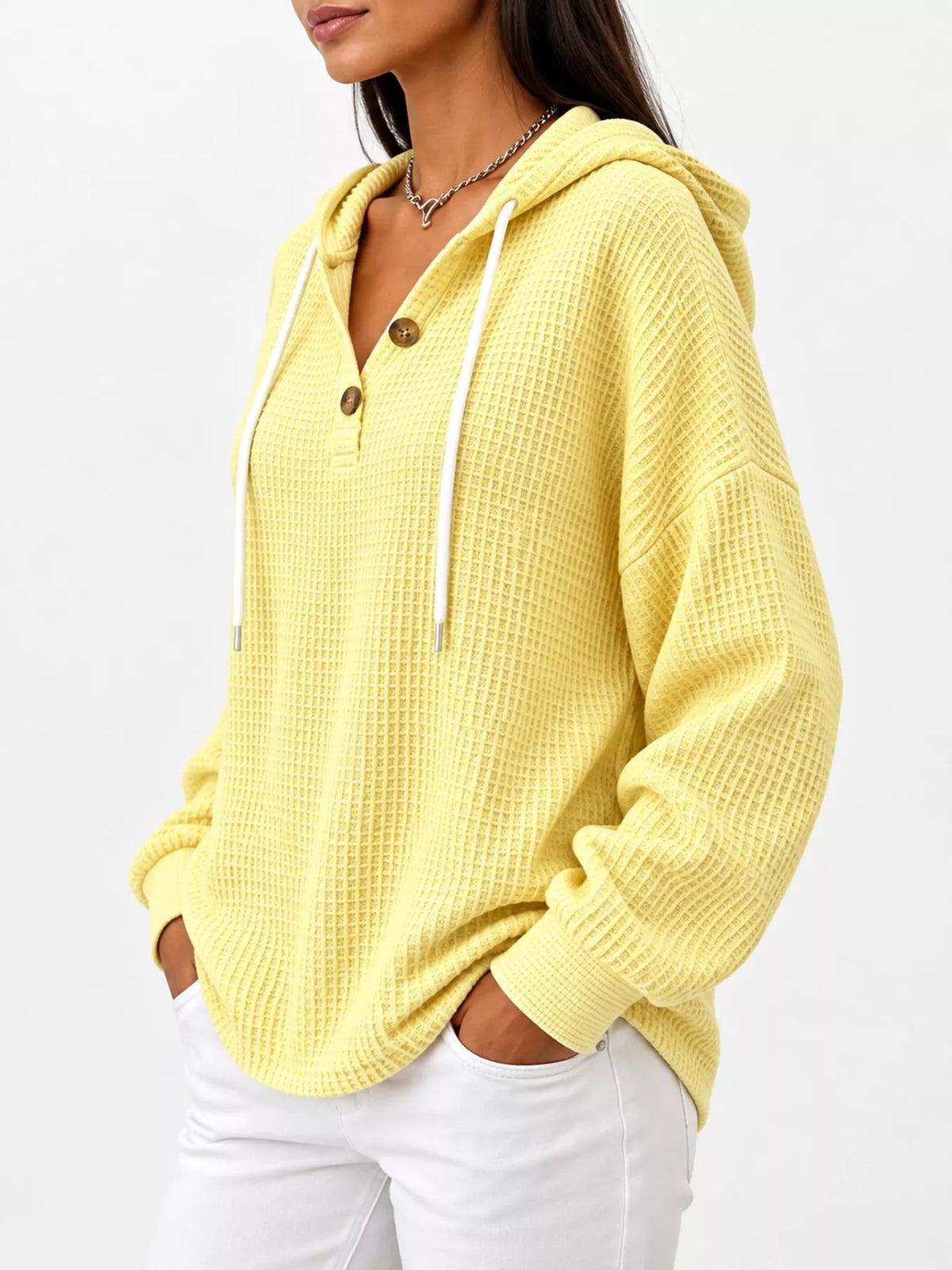 Waffle-knit hoodie, yellow side