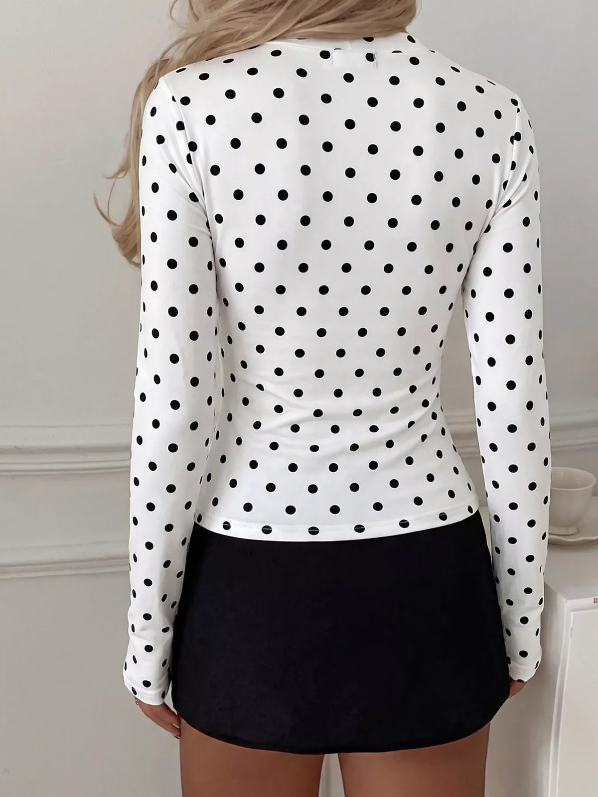 White and black polka dot keyhole long sleeve slim-fit T-shirt, back view