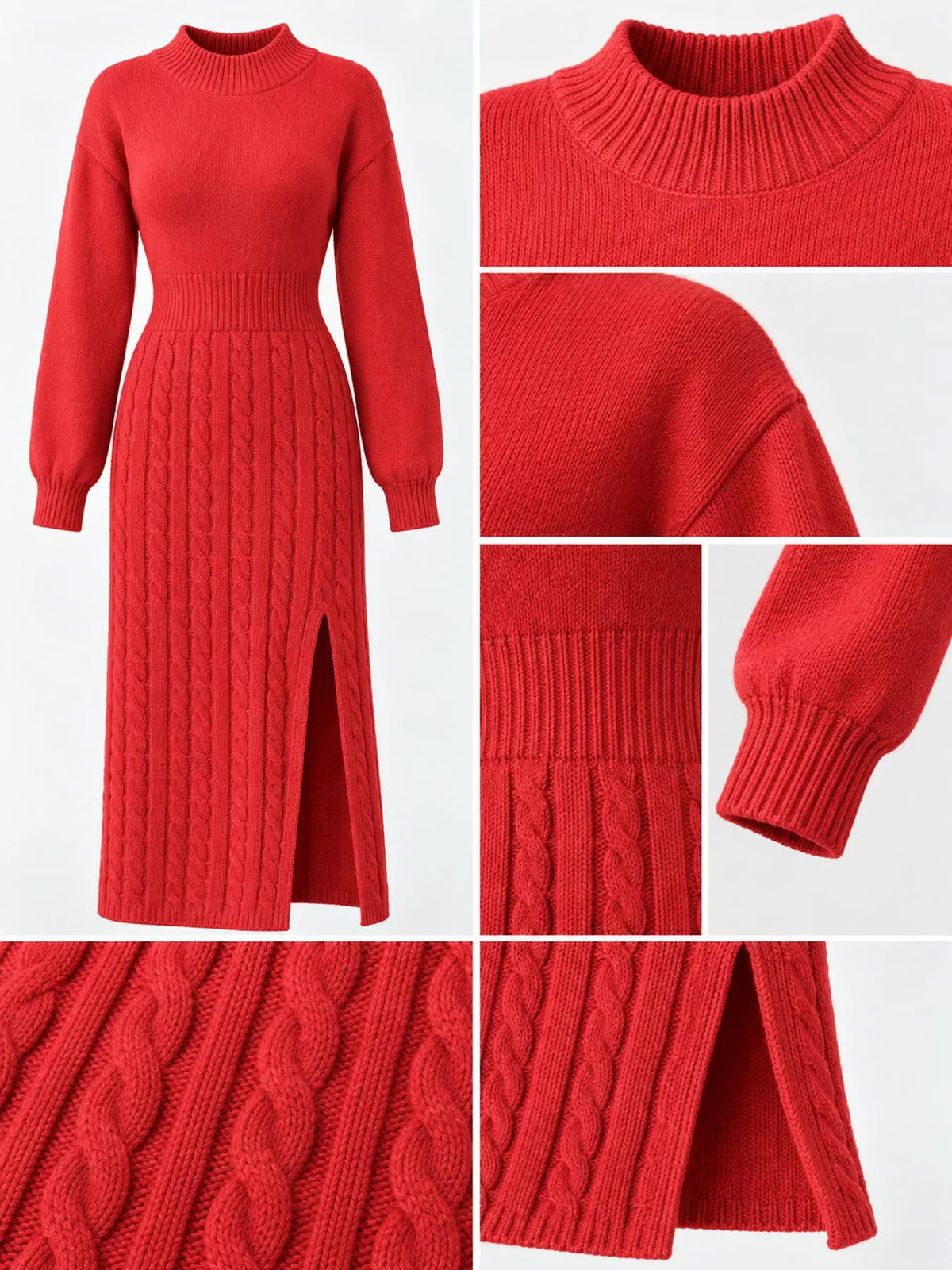 Women's Mock Neck Cable Knit Sweater Dress with Front Slit in red — detail collage view