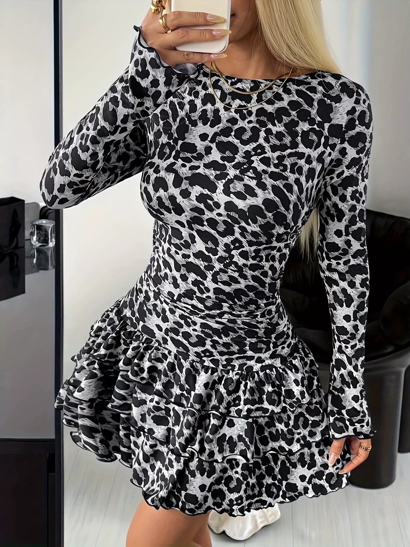 Long sleeve ruffled-hem mini dress