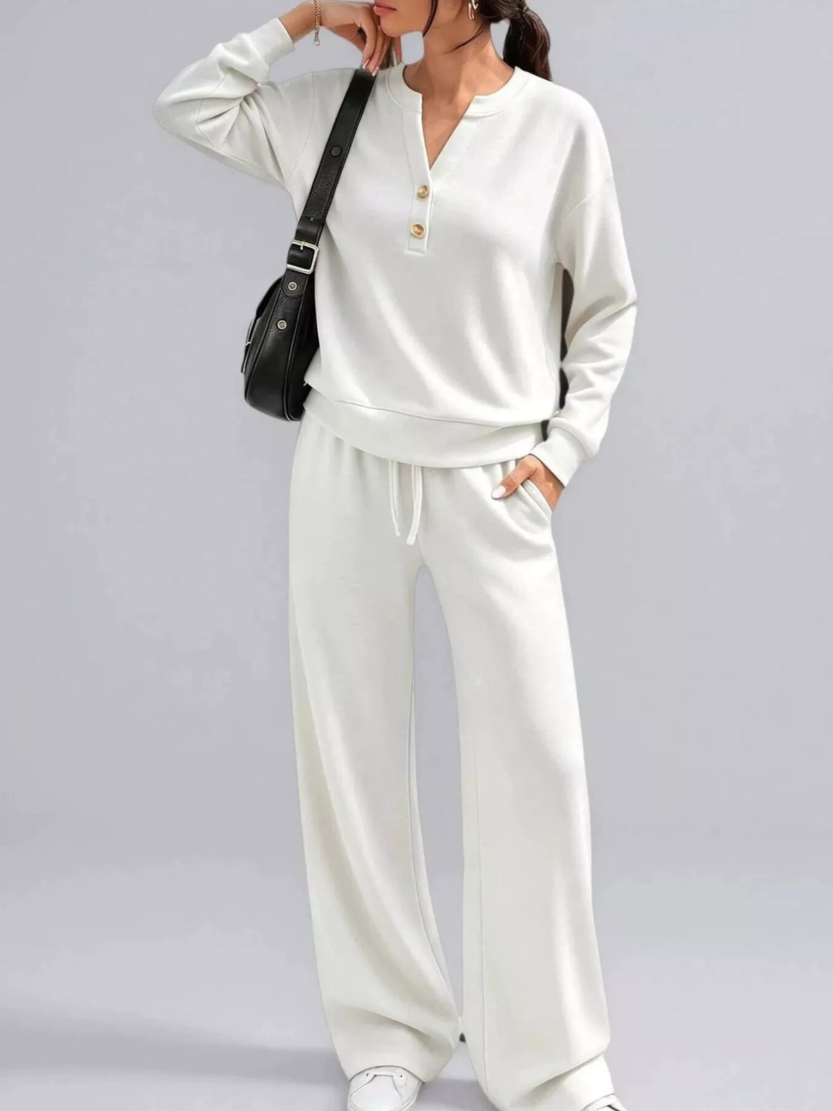 White button detail top and wide-leg pants set — front view