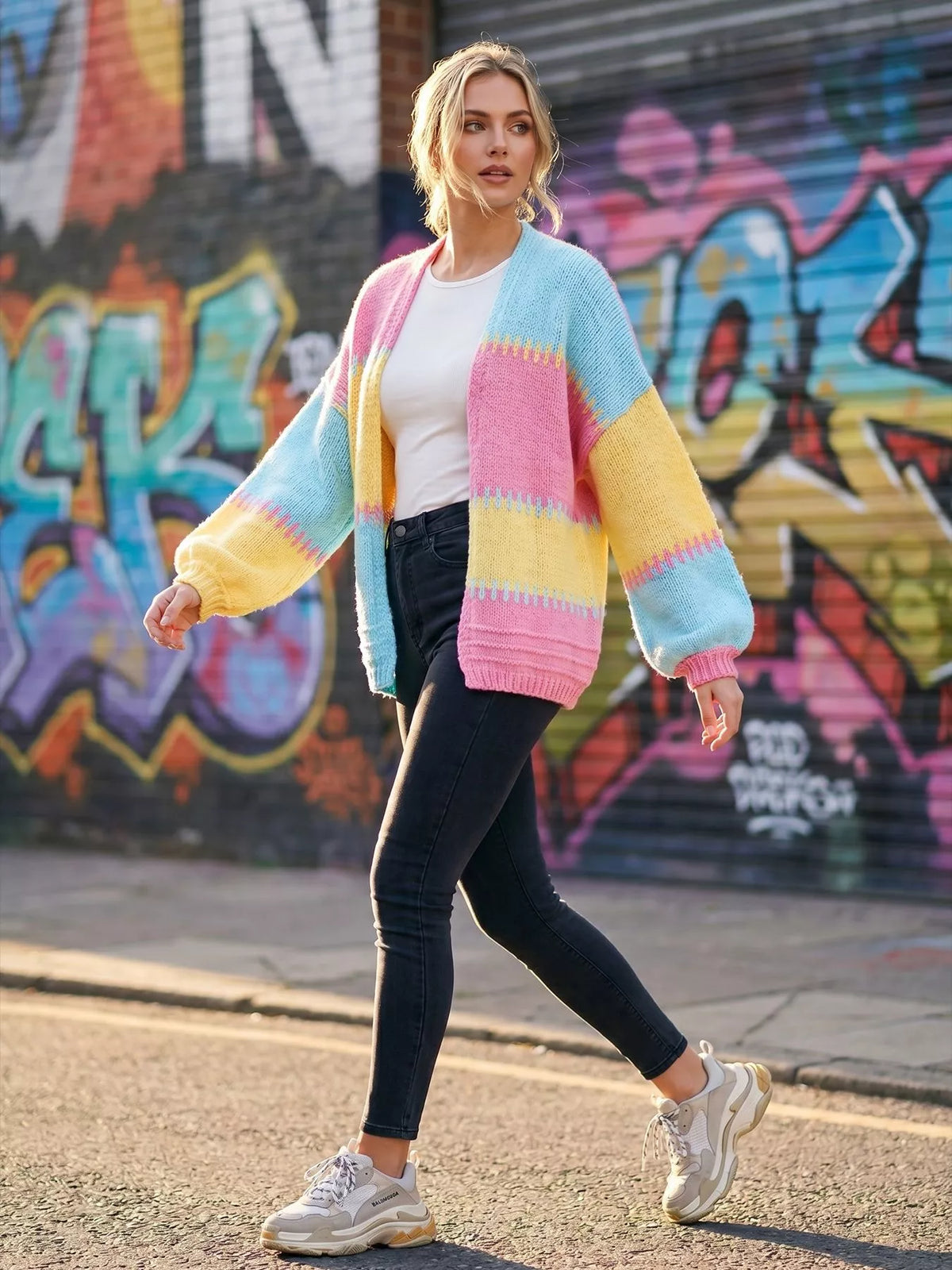 Pastel multicolor color-block v-neck cardigan, walking front view.