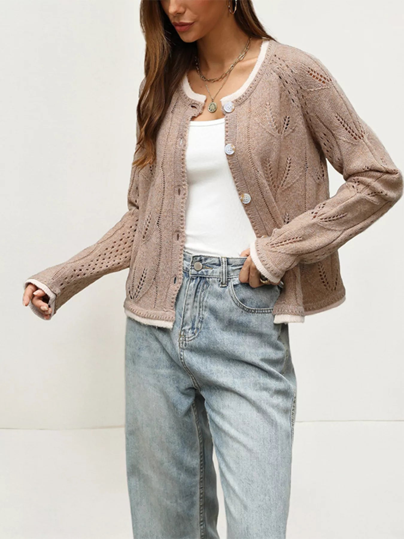 Trendsi Hollow-Out Knit Button-Down Cardigan -