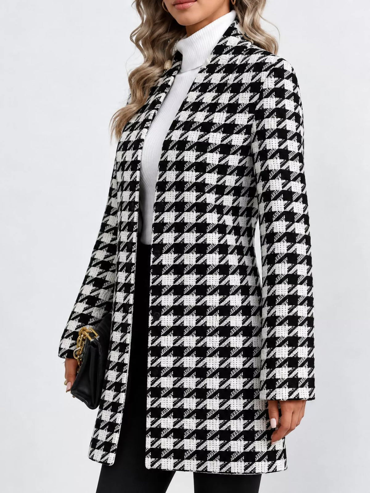 Women's Patterned Notched Lapel Longline Coat in black and white houndstooth — side view