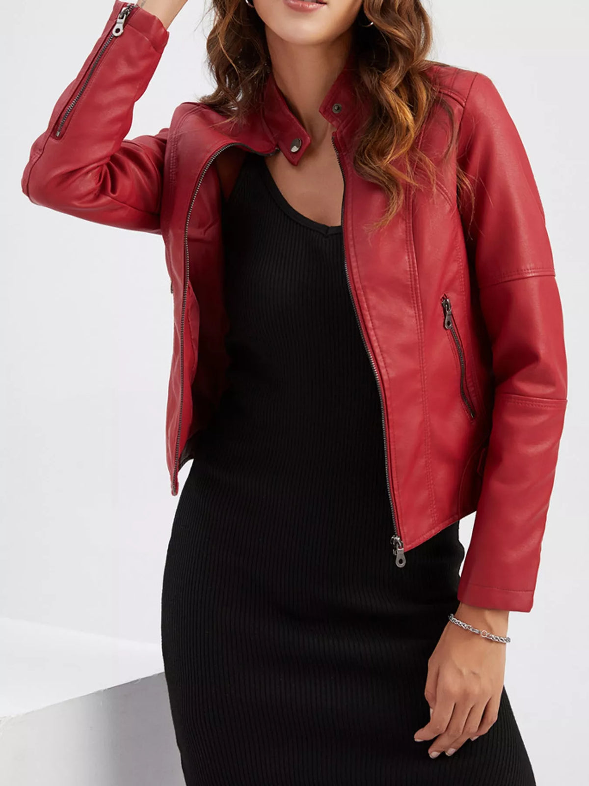 Faux-leather moto jacket, red open front