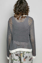 Trendsi POL Openwork Contrast Cardigan with Floral Metal Button -