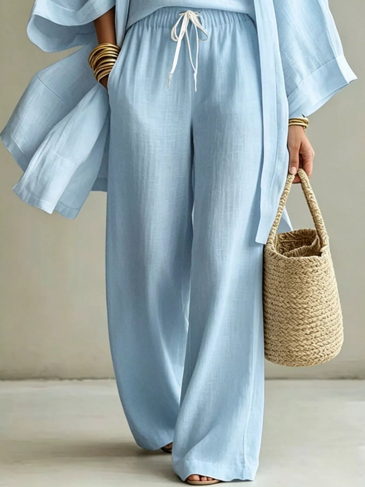 V-Neck Top, Cardigan and Pants Three-Piece Set in light blue, construction detail