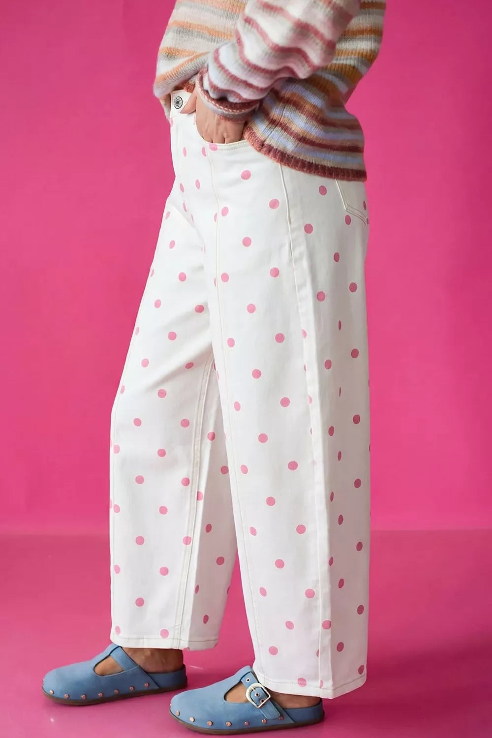 White with pink dots polka-dot cropped jeans, side view