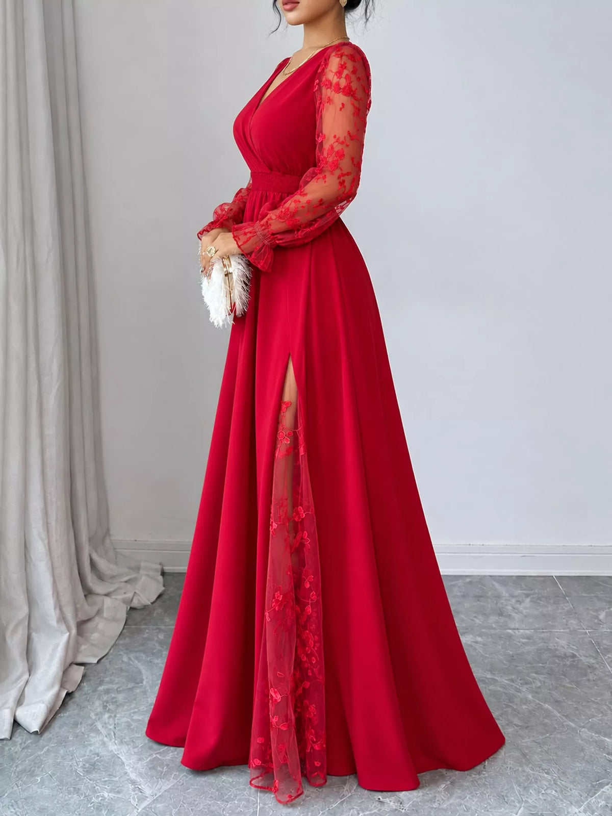 V-neck long sleeve maxi dress, side view