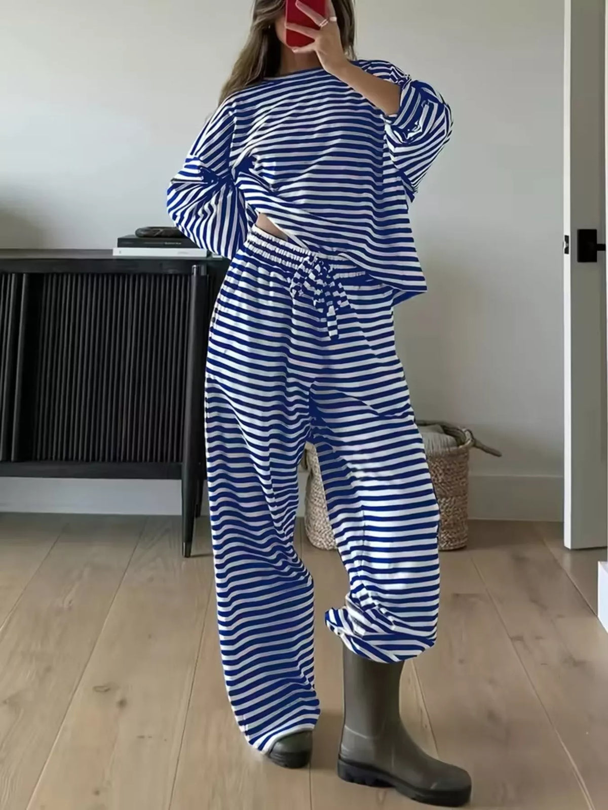 Blue striped long-sleeve top and pants set, front view