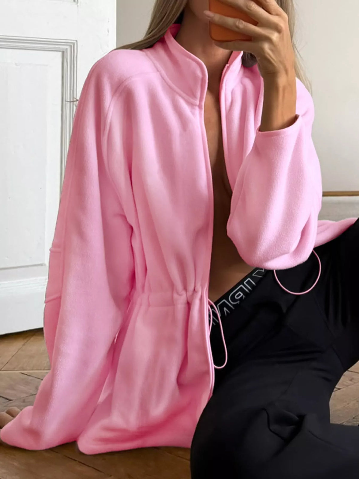 Pink drawstring fleece zip-up jacket