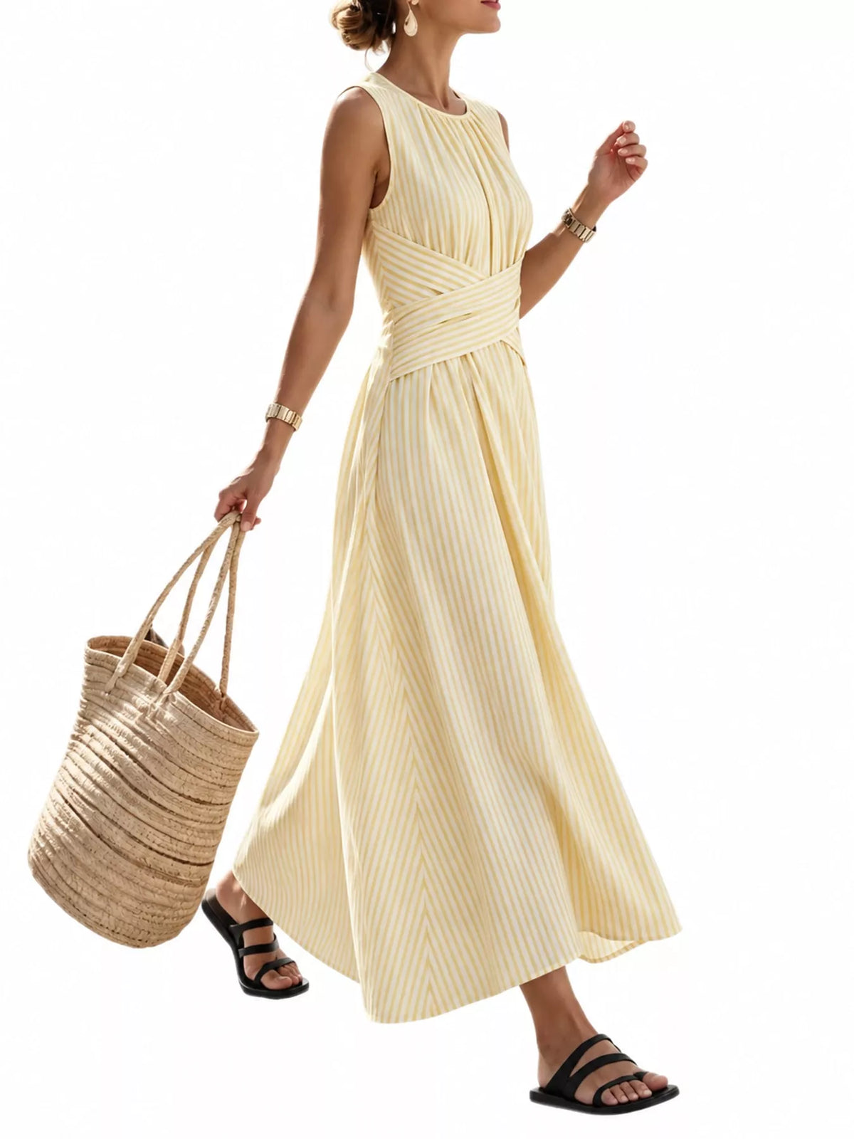 Women's Sleeveless Striped Maxi Dress with Criss-Cross Waist Detail in yellow striped — side view