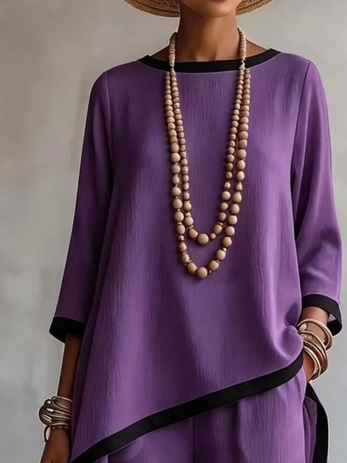 Purple contrast-trim top and pants set, asymmetric top detail