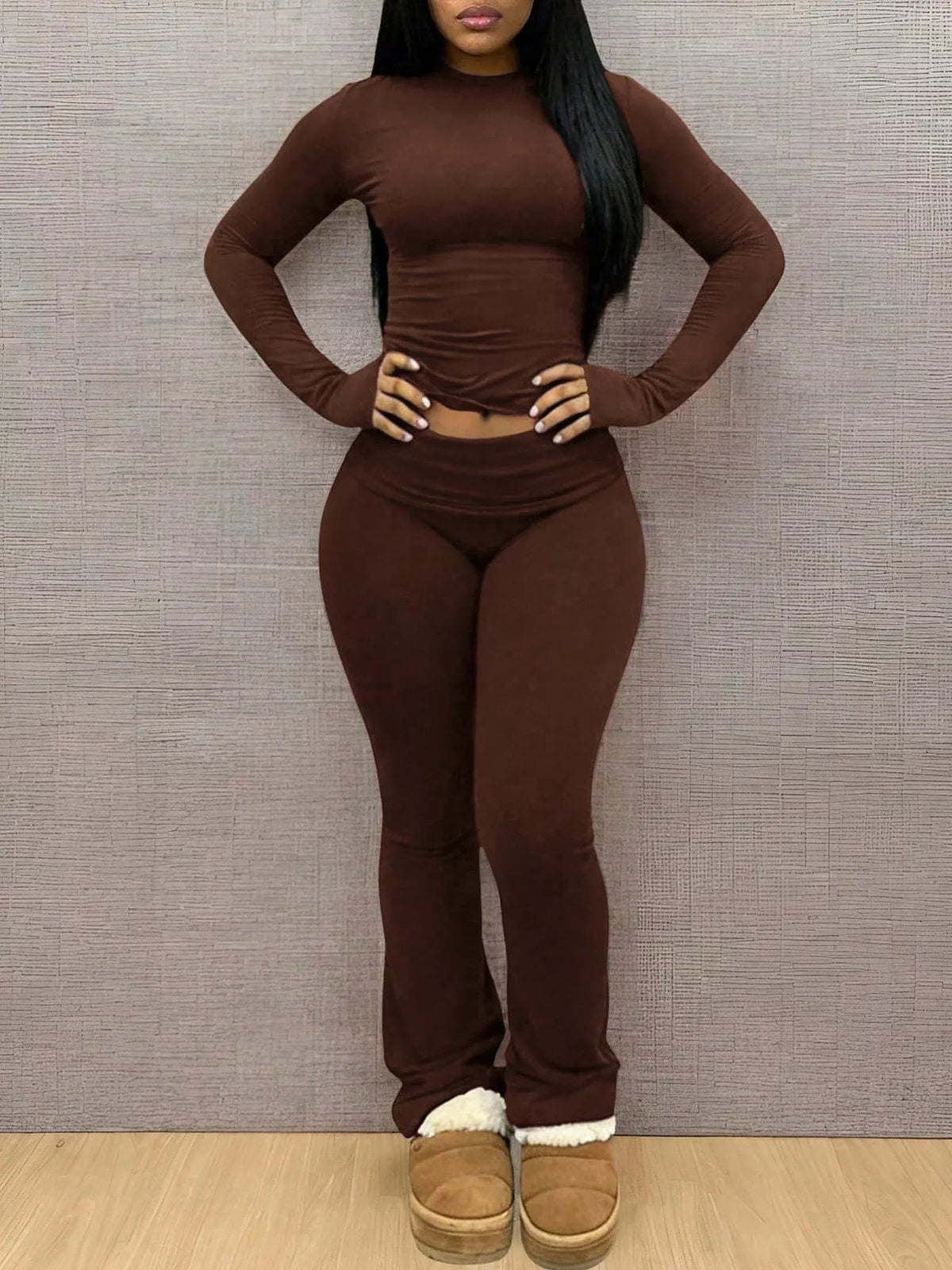 Dark Brown slim-fit long sleeve crop top and leggings lounge set