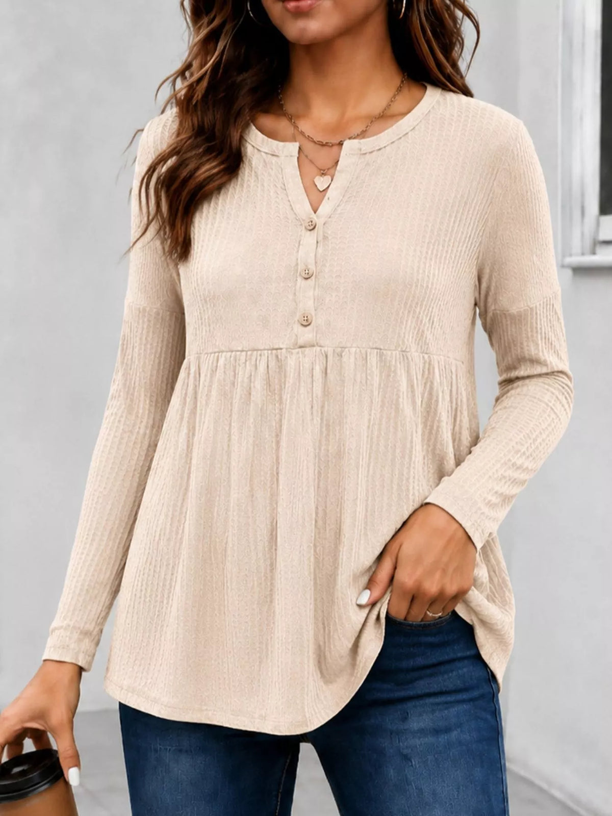 Women's Textured Long Sleeve Peplum Top in Beige, front view