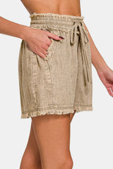 Trendsi Zenana Washed Linen Frayed Hem Drawstring Shorts -