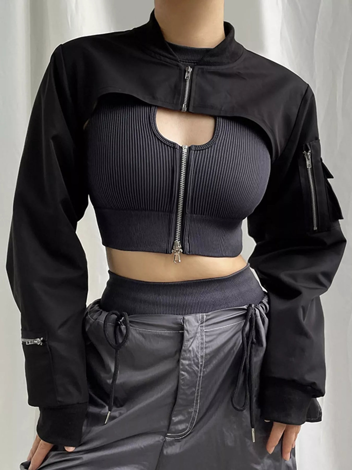 Black ultra-cropped zip-front long sleeve shrug