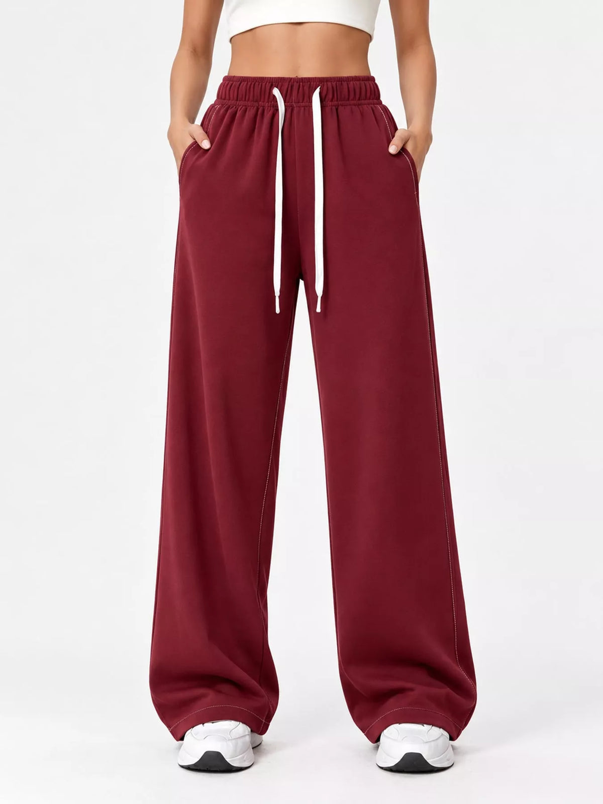 Wine Red wide-leg pants with drawstring