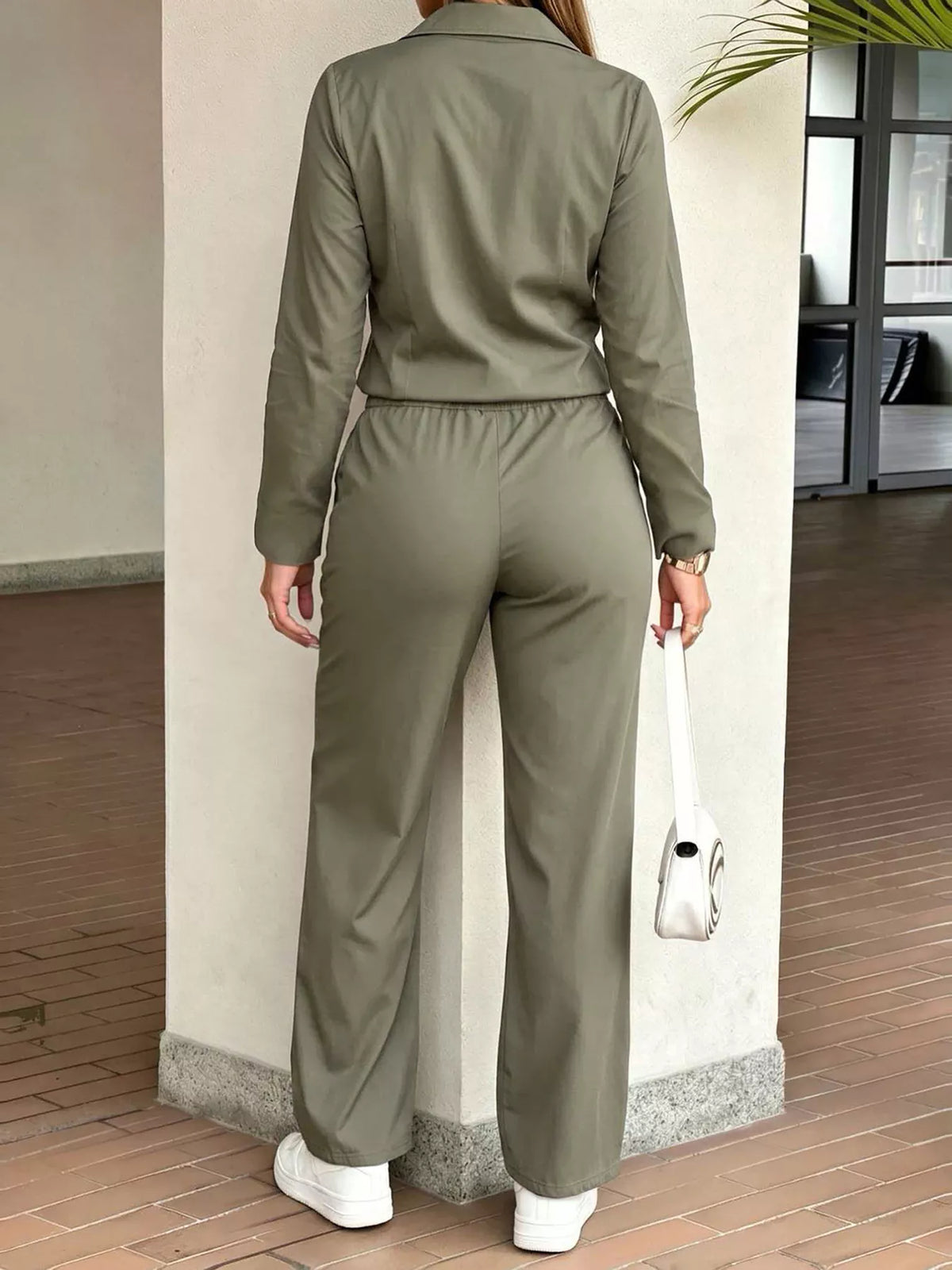 Button Front Jumpsuit with Drawstring Waist in green, back view