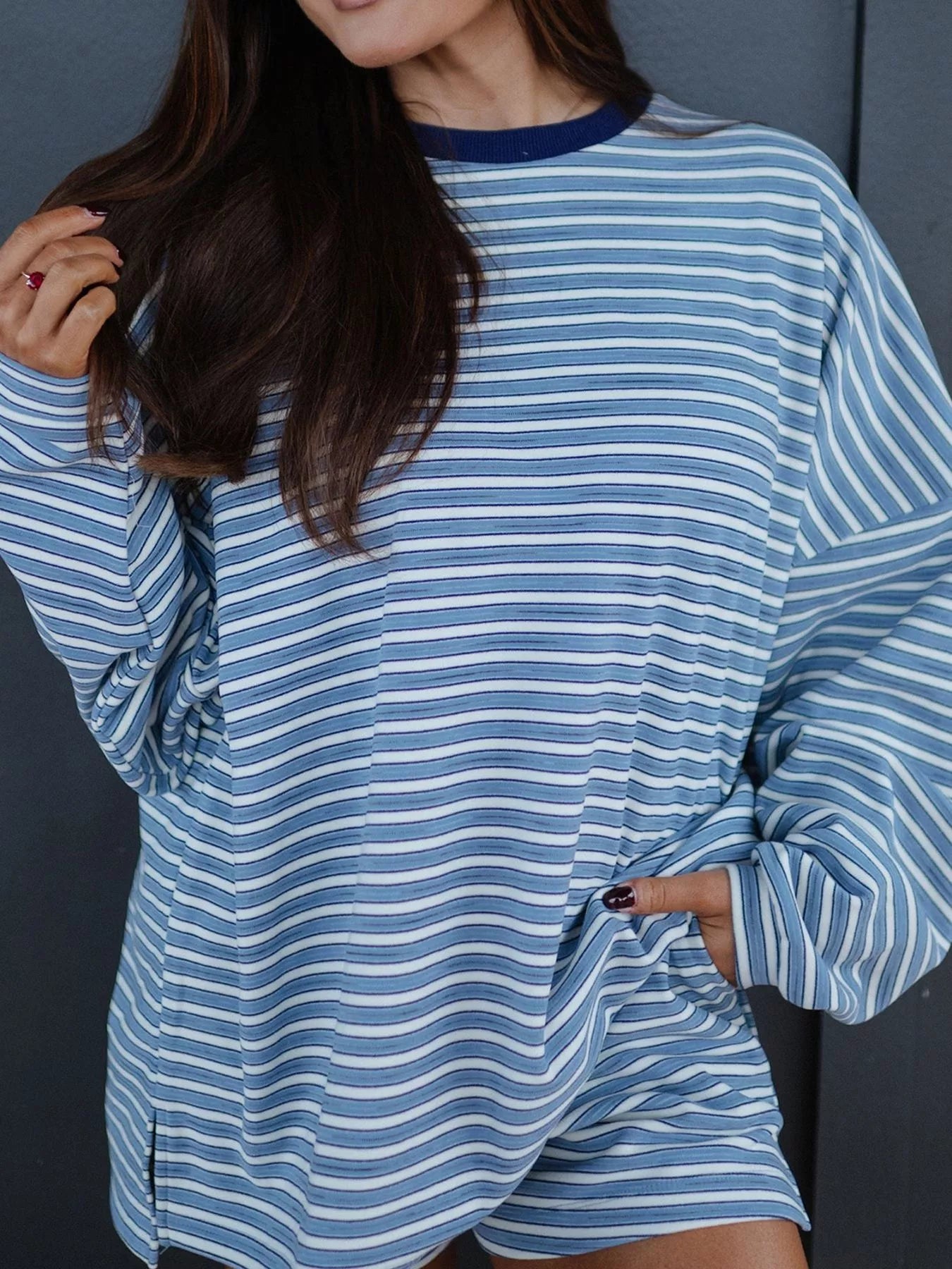 Trendsi Striped Long Sleeve Top and Shorts Set -