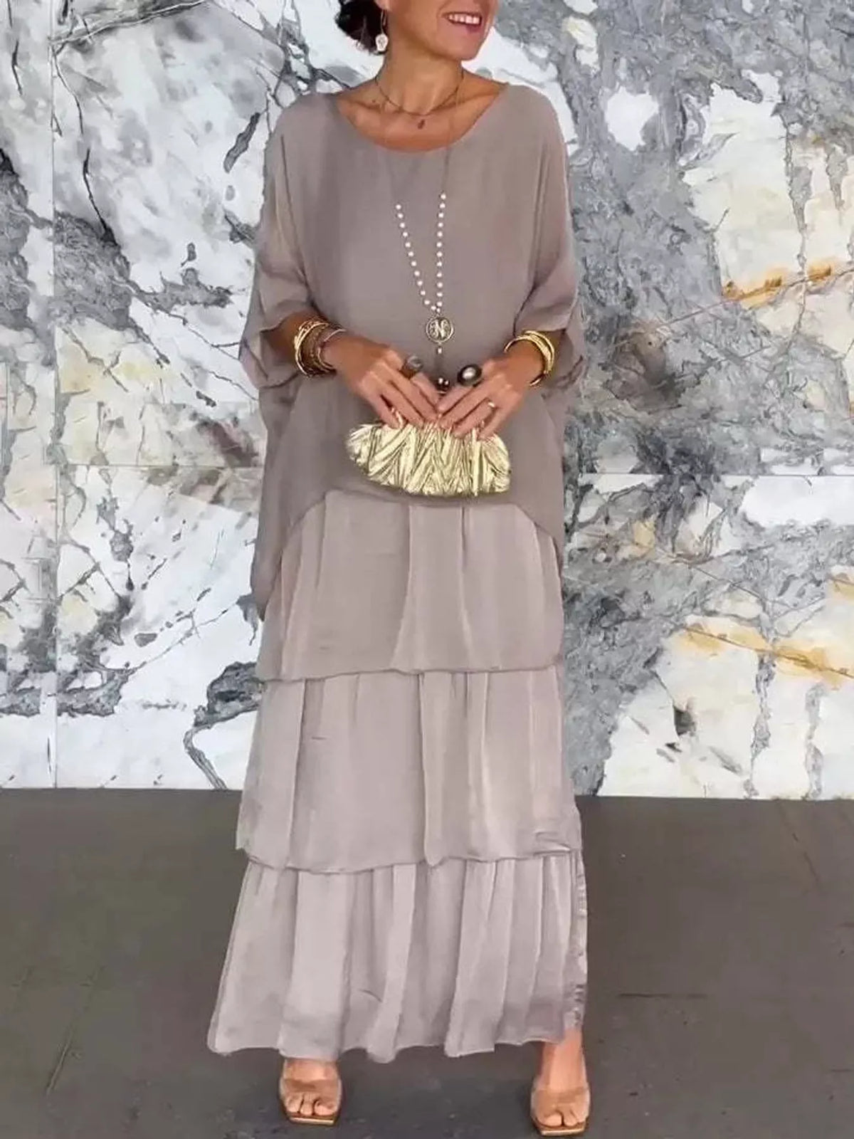 Layered maxi dress, gray front