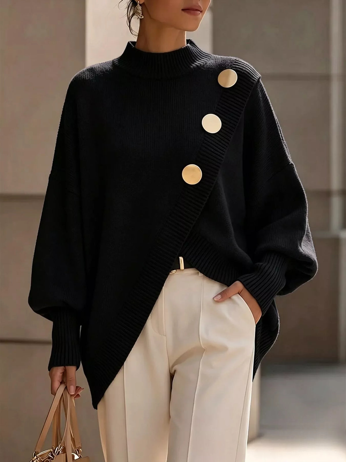 Asymmetric Button-Decorated Sweater — front view