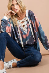 Trendsi BiBi Tie Dye Deep V-Neck Top with Lace Up Front - Pants