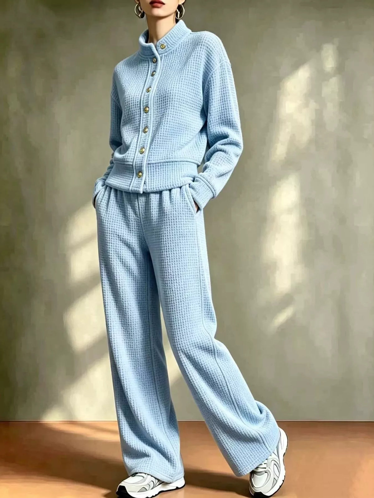 Sky Blue waffle knit button-up outerwear and wide-leg pants set