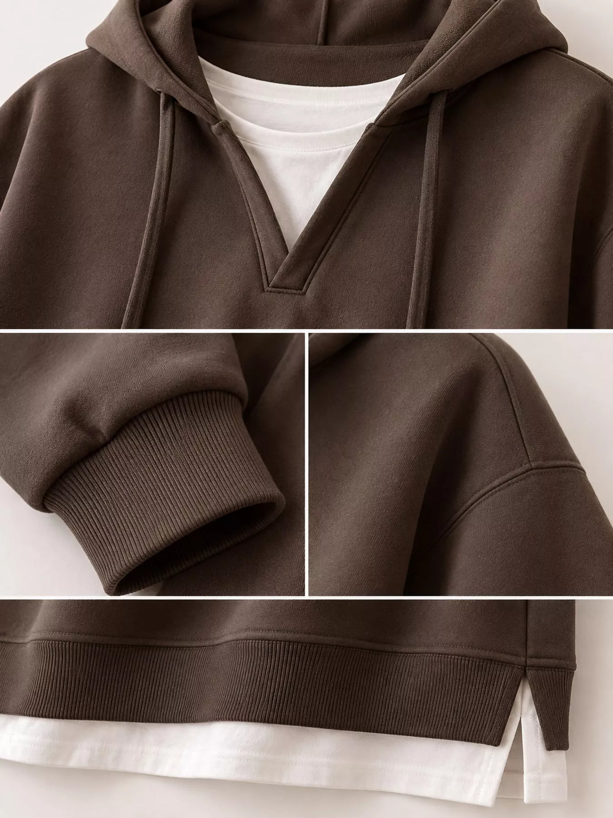 Brown layered look dropped shoulder hoodie, detail view