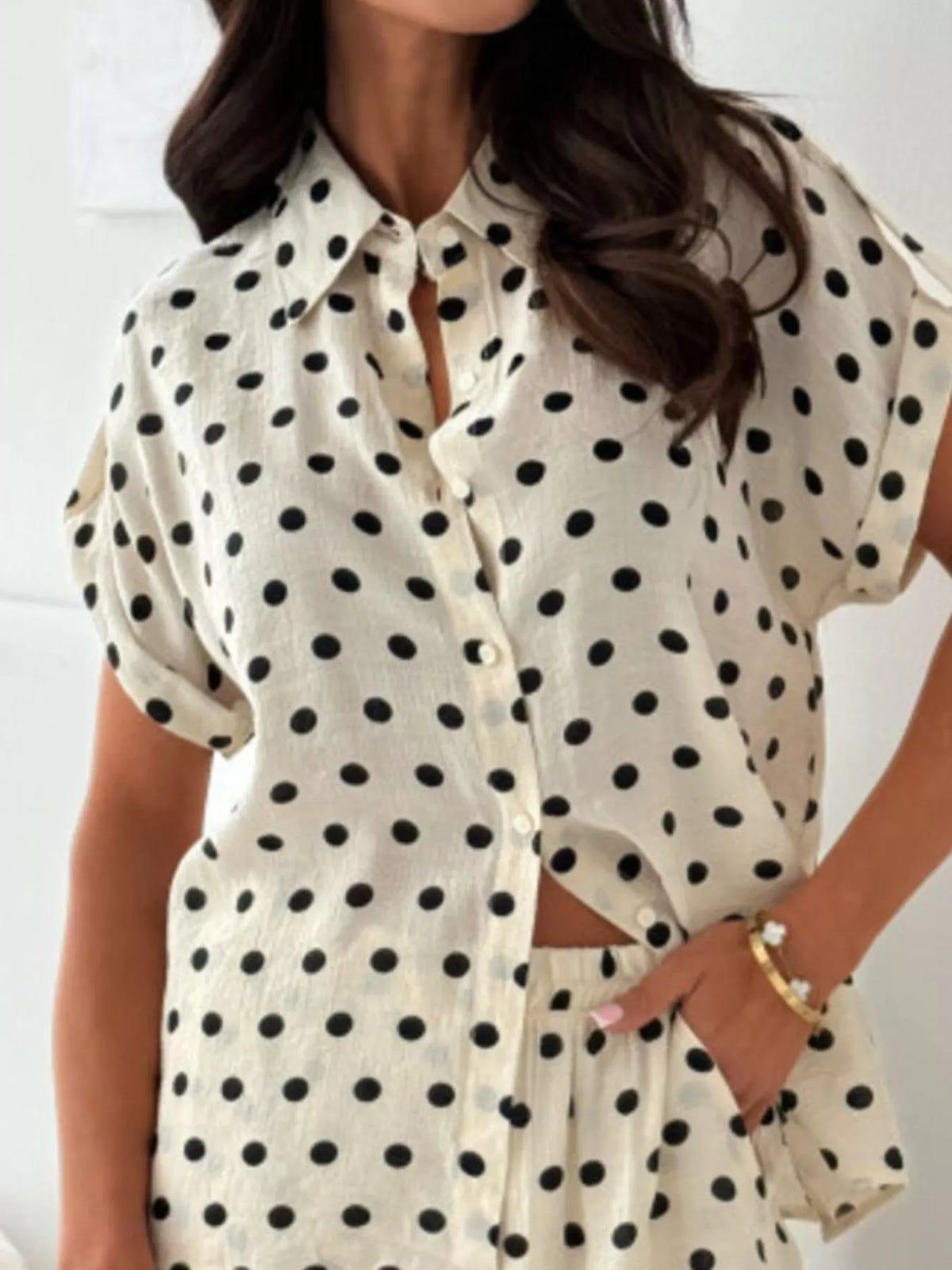 Trendsi Polka Dot Button Up Shirt and Shorts Set -